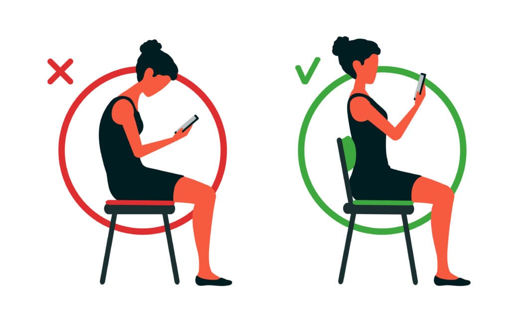 A girl sits on a chair bent and straightened, reading the smartphone. Correct and incorrect sitting position. Slouching back. A posture before and after, changing. Healthy spine vector illustration