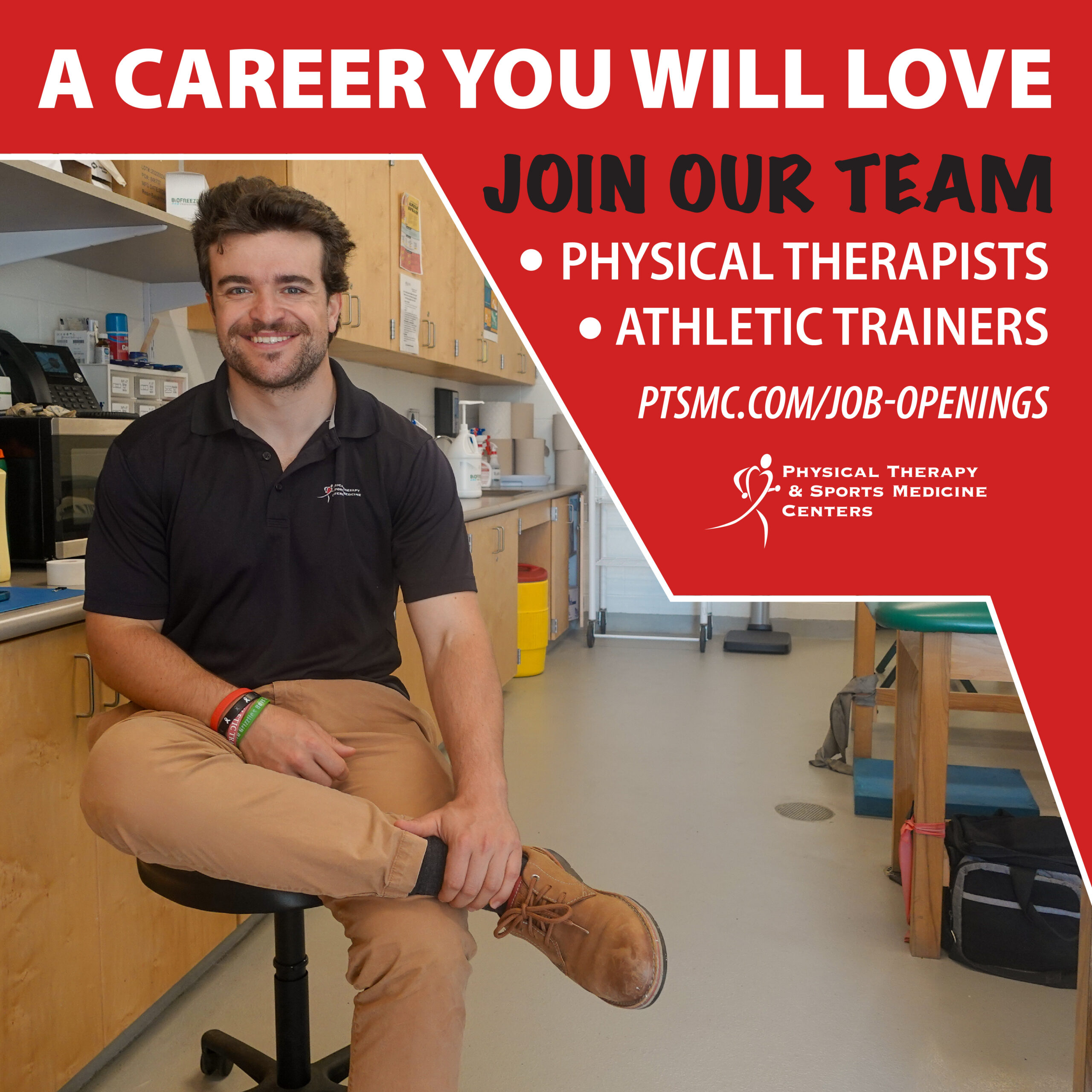 PTSMC is hiring graphic with a smiling male athletic trainer